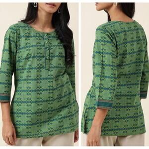 Fabindia Short Kurta Top MEDIUM Green Hand Block Print India Ethnic 100% Cotton